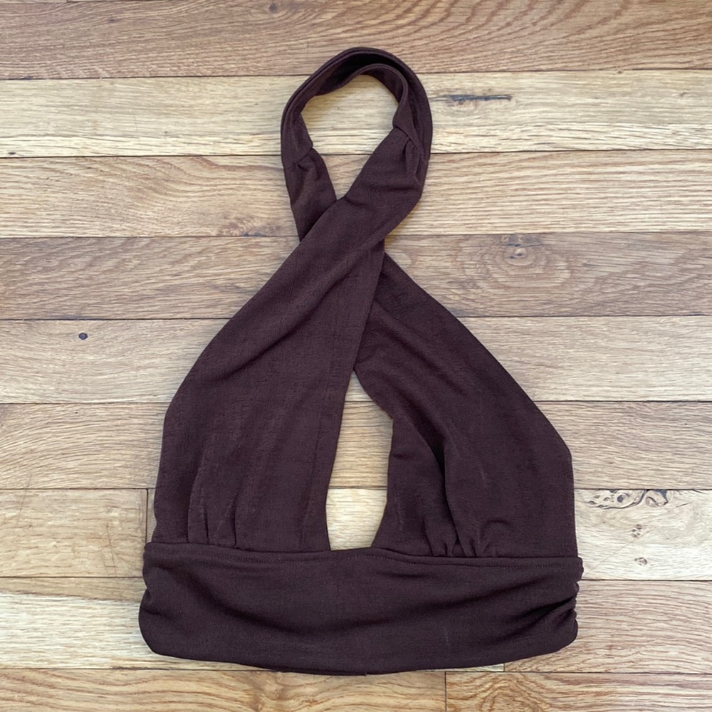 H&M BROWN CRISSCROSS HALTER TOP